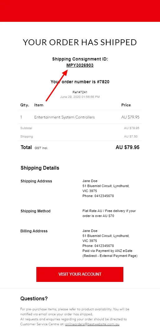 Order shipment confirmation showing consignment ID, order number, and shipping details.