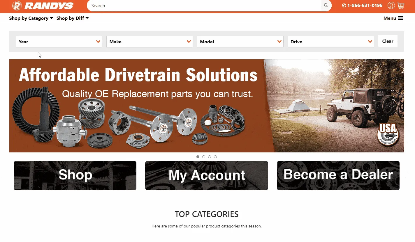 Banner showcasing affordable drivetrain solutions with replacement parts and a camping scene.