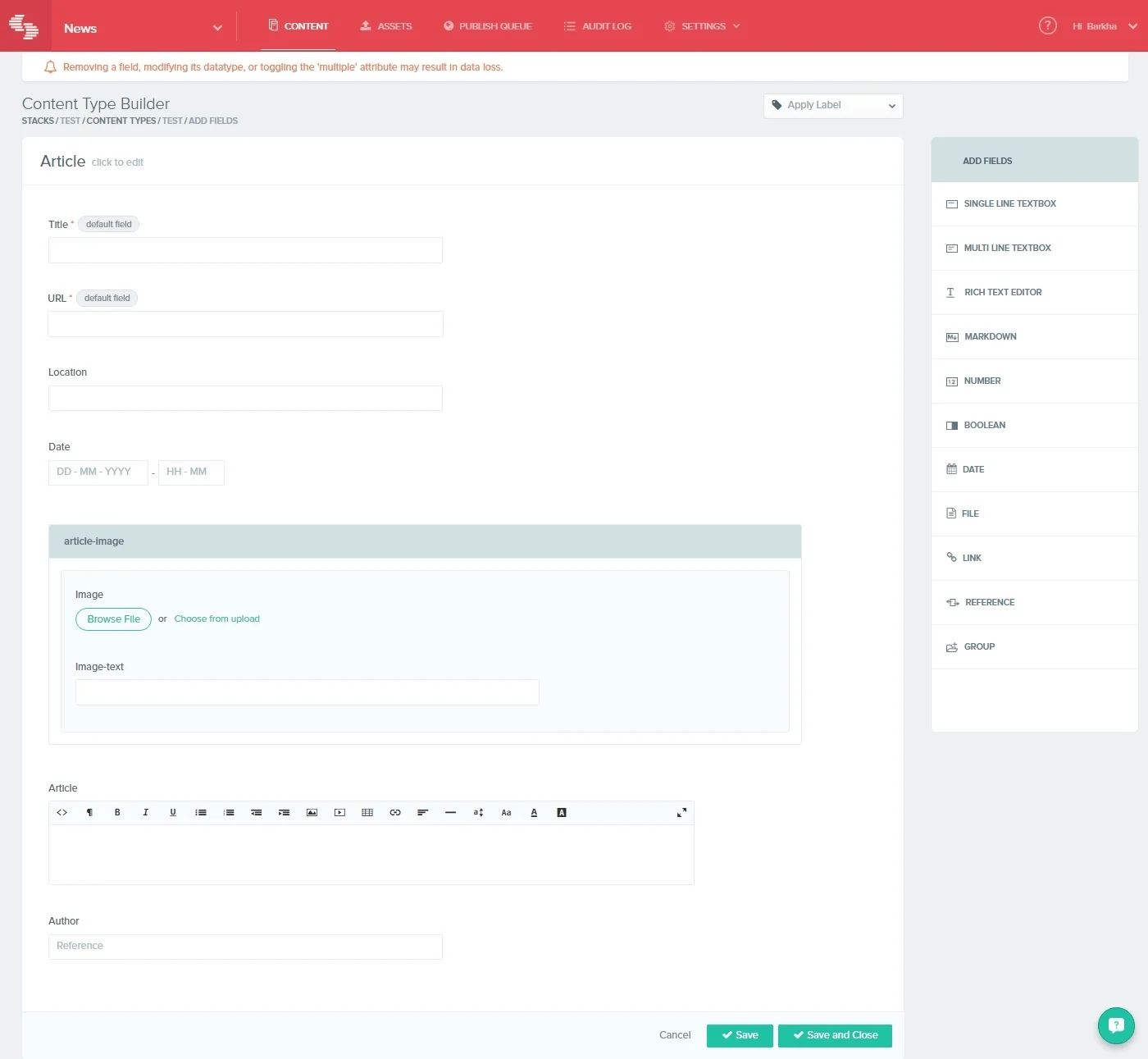 Screenshot of a content type builder interface with article fields and options.