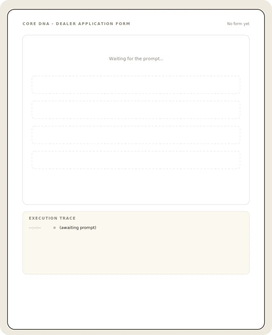 Core DNA dealer application form template with empty fields.