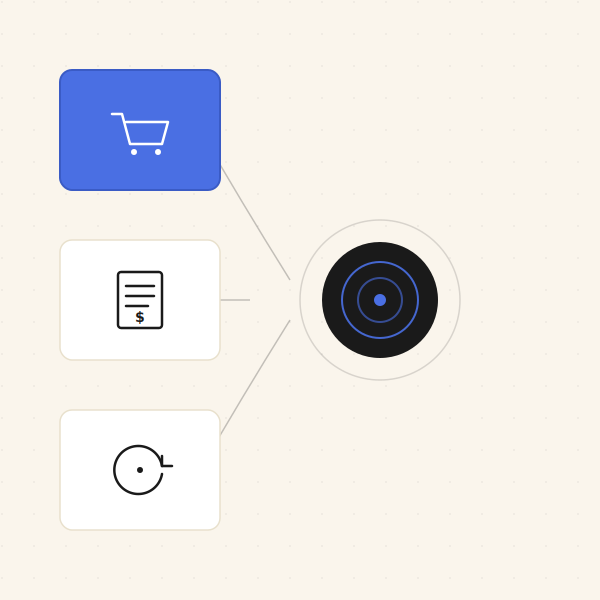 Flowchart depicting ecommerce process with shopping cart, invoice, and circular diagram.