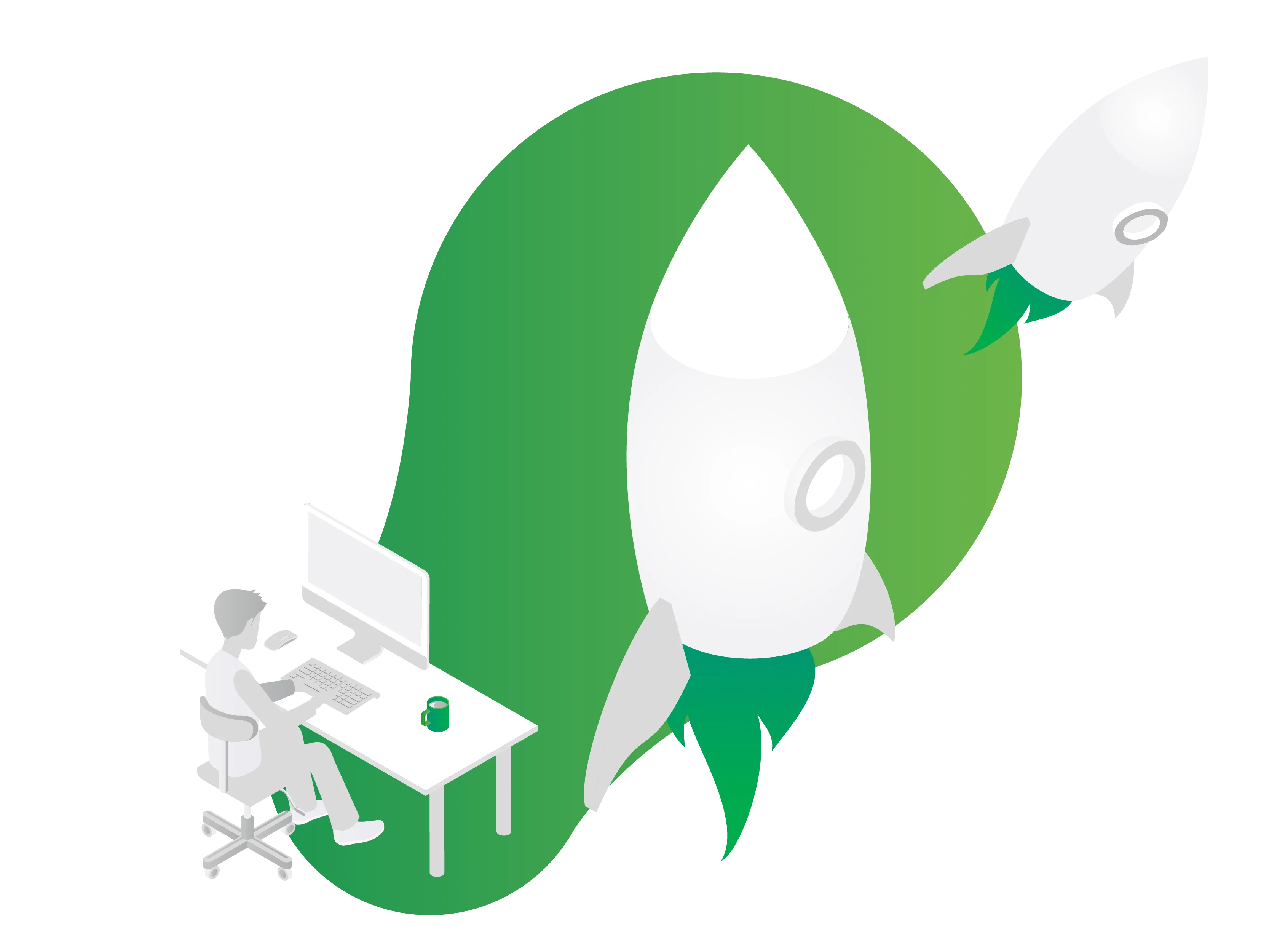 Illustration of a person at a desk with green rockets symbolizing business growth.