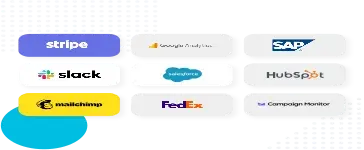 Logos of companies including Stripe, Google Analytics, SAP, Slack, Salesforce, HubSpot, Mailchimp, FedEx, and Campaign Monitor.
