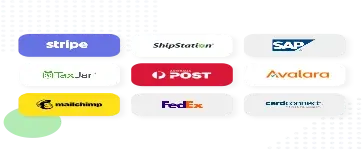 Logos of companies including Stripe, ShipStation, SAP, TaxJar, Australia Post, Avalara, Mailchimp, FedEx, and CardConnect.