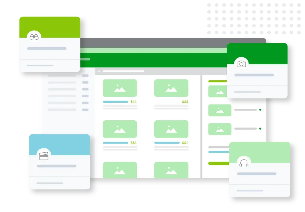 Illustration of a dashboard interface with various icons and data widgets.