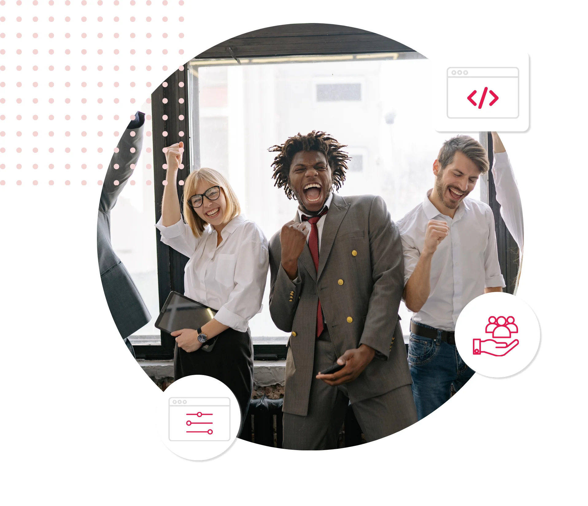 Diverse business team celebrating success with happy expressions.