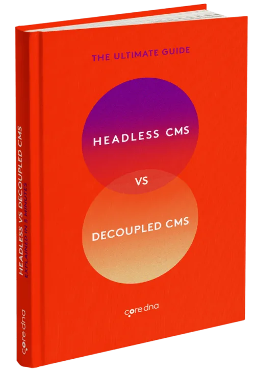 Red book cover titled 'Headless vs Decoupled CMS' by coredna.