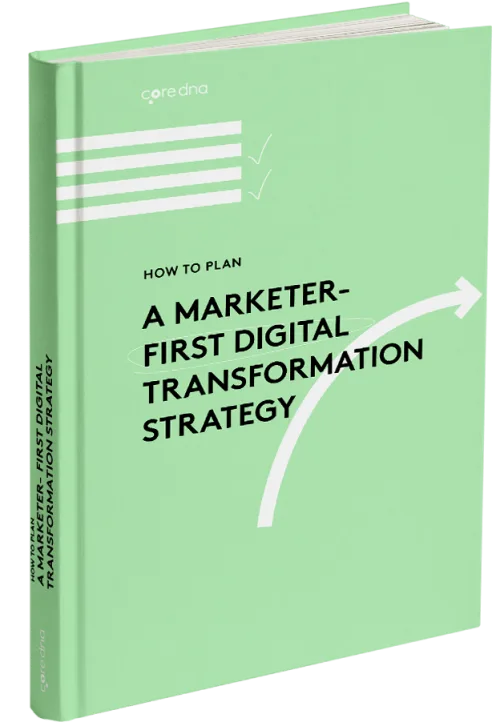 Book cover titled 'A Marketer-First Digital Transformation Strategy' with green background.