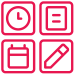 Red outline icons of a clock, document, calendar, and pencil on a black background.