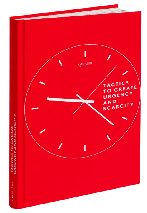 Red book cover with clock design titled 'Tactics to Create Urgency and Scarcity'
