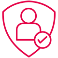 Red shield icon with user symbol and check mark for authentication