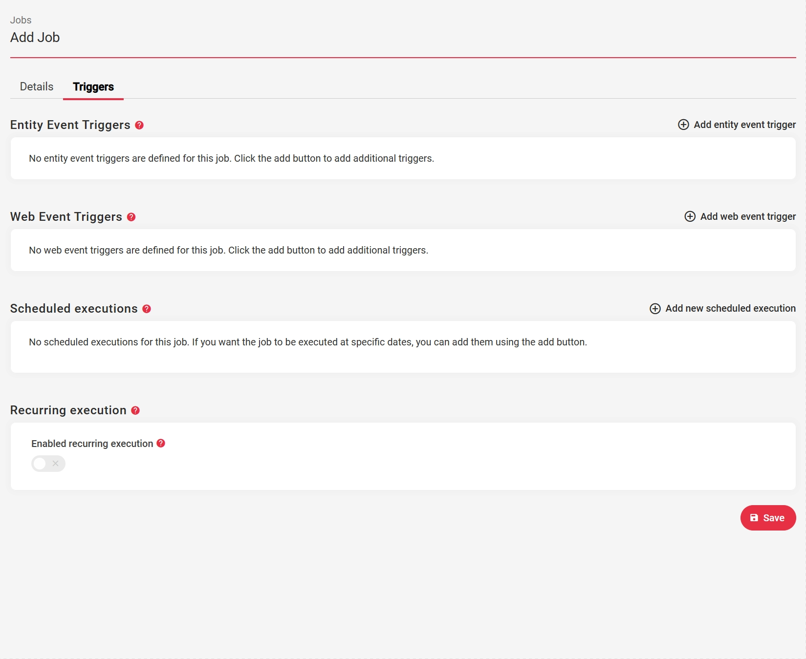 Job scheduling interface with options for event triggers and executions.