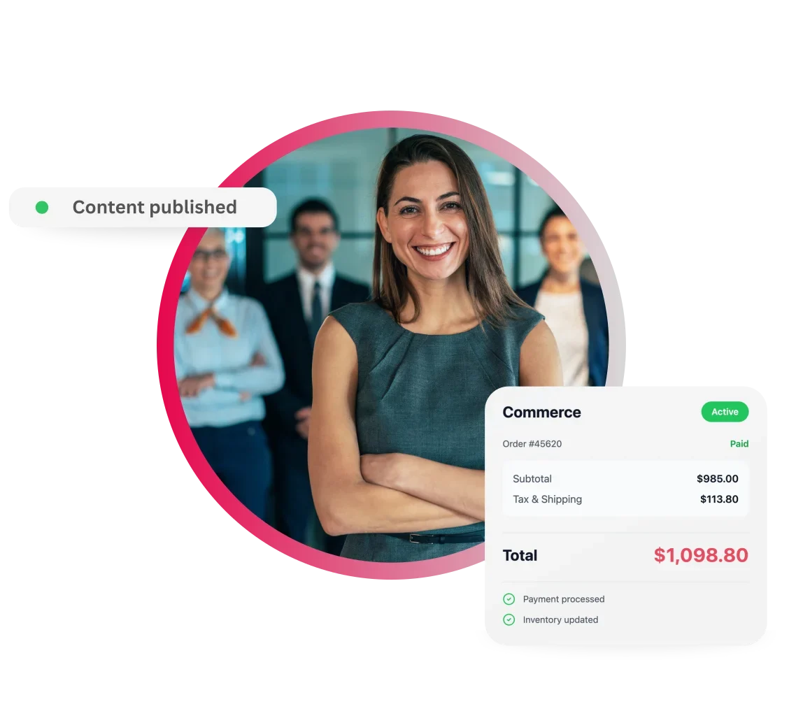 Smiling businesswoman with arms crossed in front of team, ecommerce success displayed.