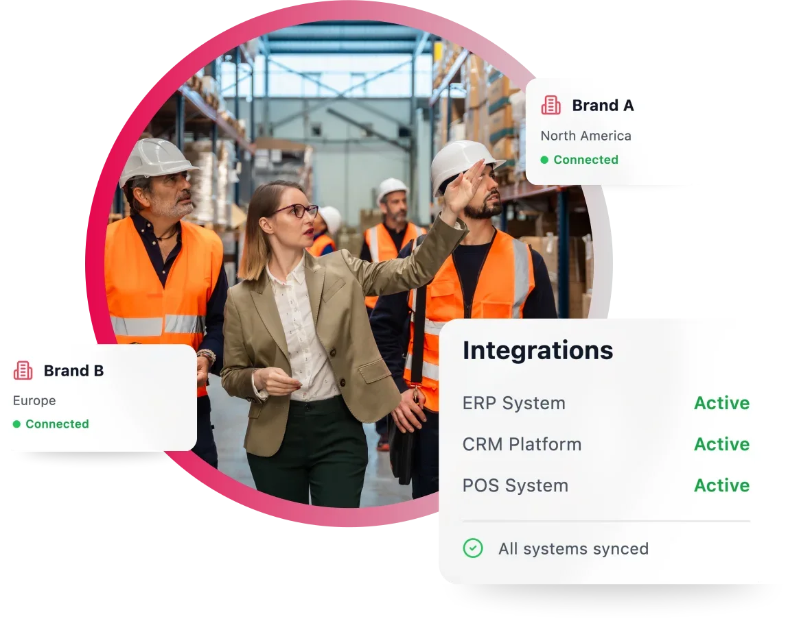 Team in warehouse with safety vests discussing ERP and CRM integrations.