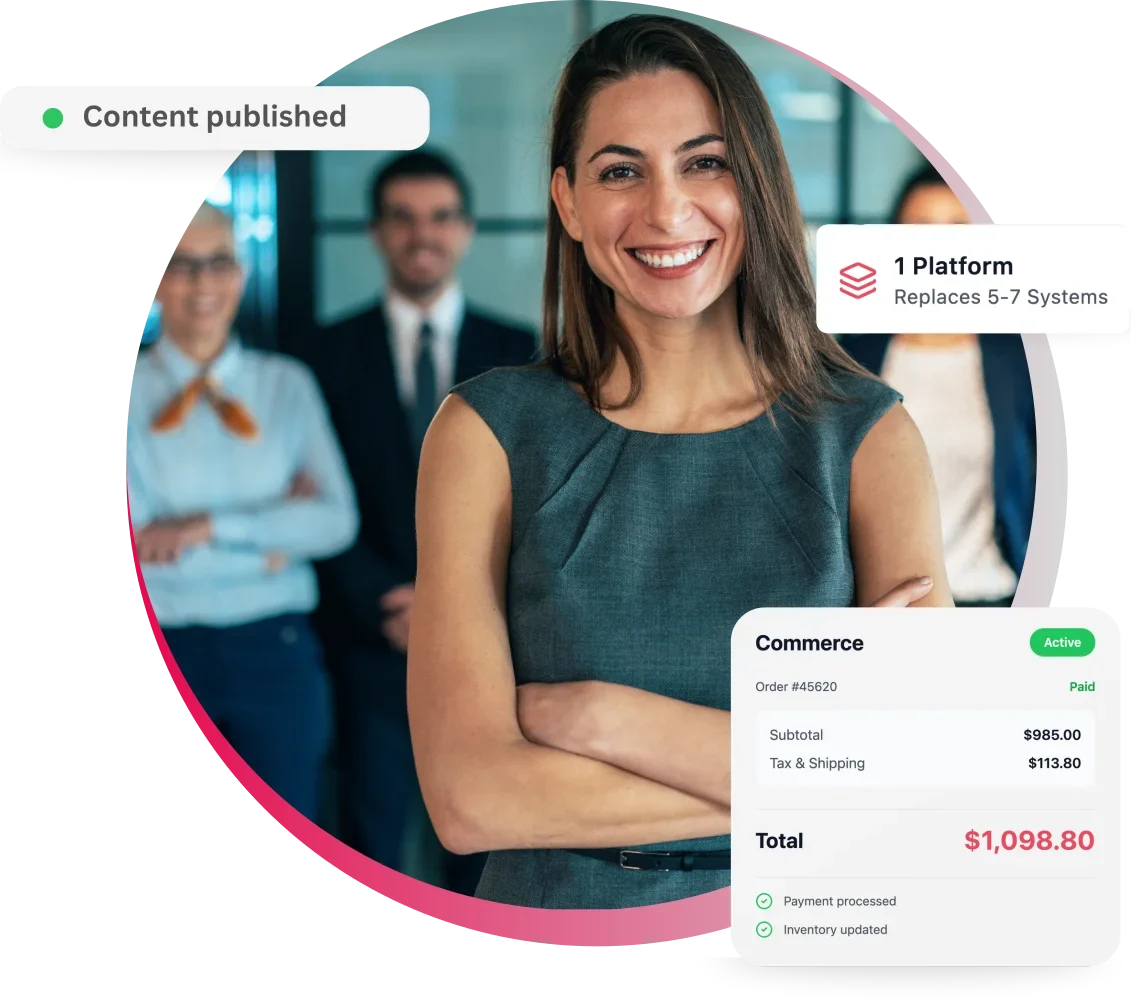 Smiling businesswoman with arms crossed, team in background, commerce dashboard overlay.