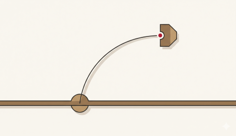 Minimalist geometric illustration with brown shapes and lines on a light background.