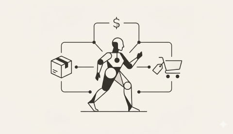 Illustration of a robot connected to ecommerce elements like a box, shopping cart, and price tag.