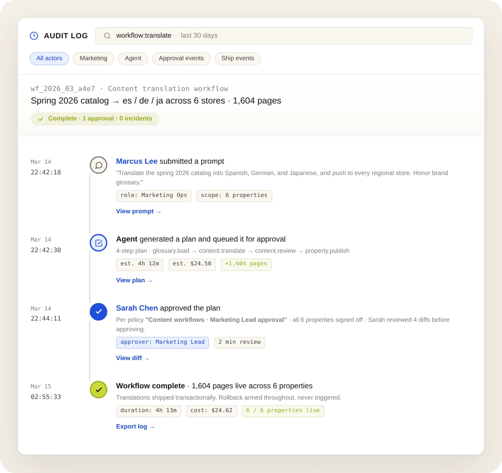 Audit log showing content translation workflow for Spring 2026 catalog.