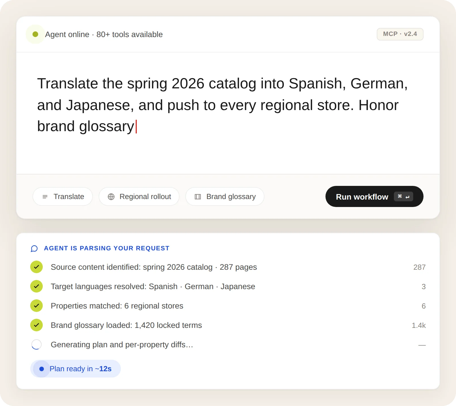 Dashboard showing translation process for spring 2026 catalog into multiple languages.