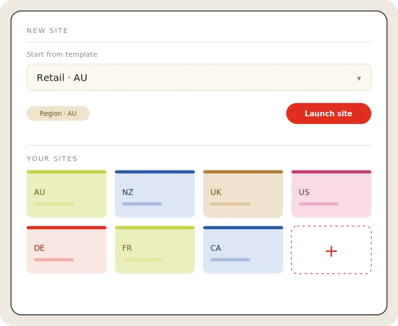 Webpage interface showing template selection for new site with region options.