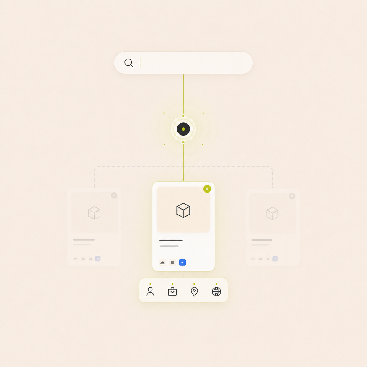 Minimalist search interface design with cube icons and a focus on connectivity.