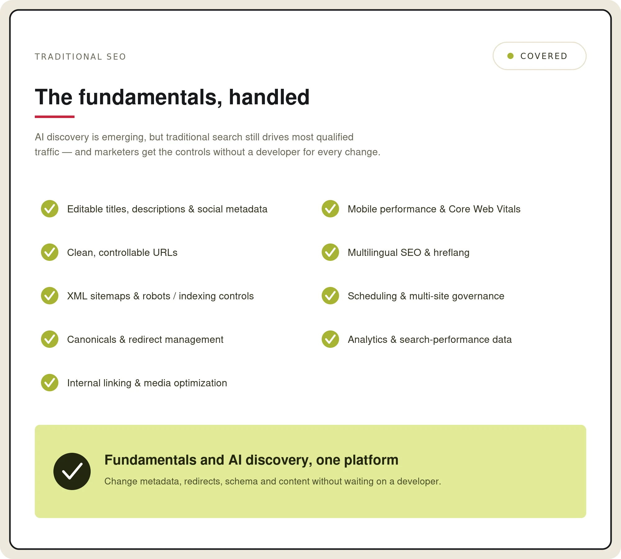SEO checklist covering fundamentals like metadata, URLs, sitemaps, and more.