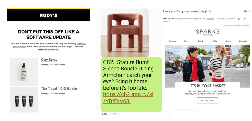 Screenshots to illustrate examples of abandoned cart marketing emails with brands such as Rudy's, CB2 and Sparks 