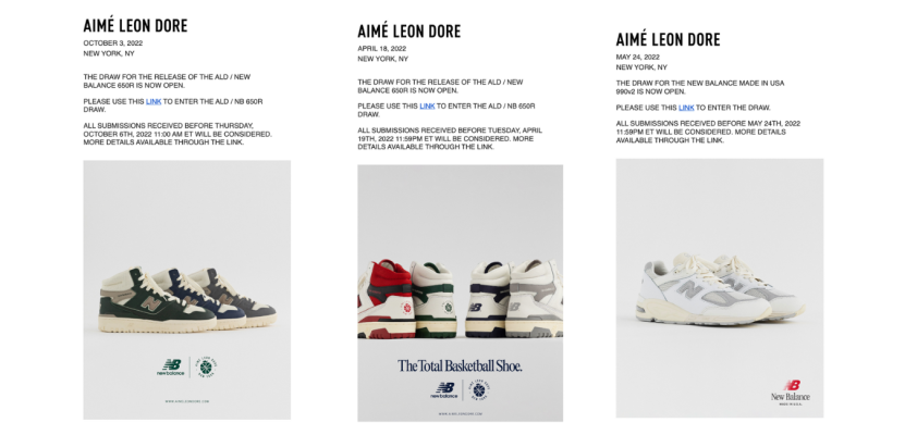 3 different Aime leon dore draw emails with new balance sneakers  