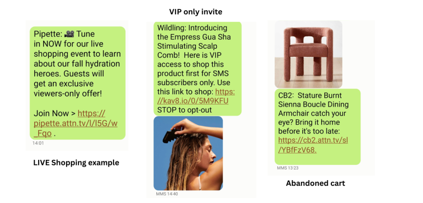 sms text message marketing examples with Live shopping event, VIP only event and abandoned cart
